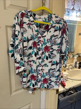 Chico's Cream Floral Blouse with Teal and Red Accents